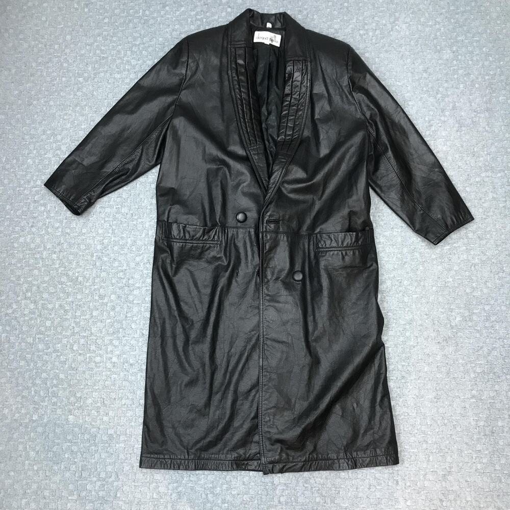 Donna Pelle Coat Womens Large Black Leather Longline Duster Shawl Collar Buttons